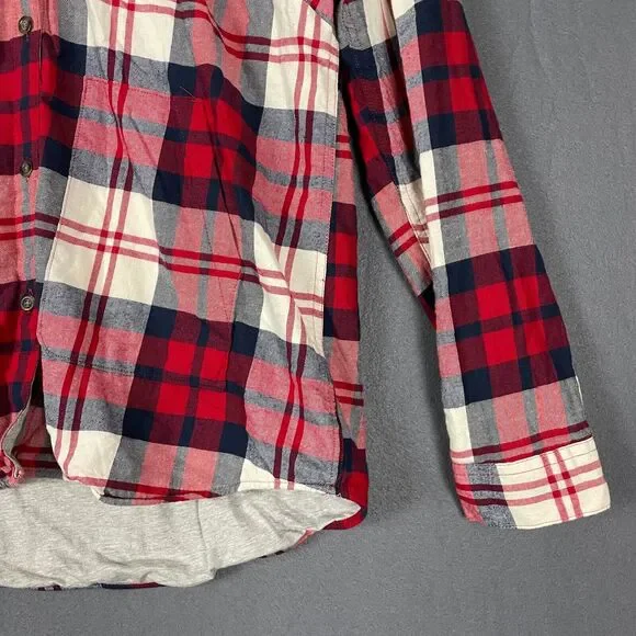 Eddie Bauer Shirt Jacket Women's XL Red Ivory Plaid Hi-Low Button Front Hooded - Picture 6 of 16